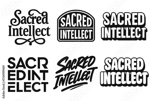 Sacred Intellect Designs. Sacred Intellect. Set lettering. harmonious lettering variations of the same emblematic concept (Whimsical curly type with