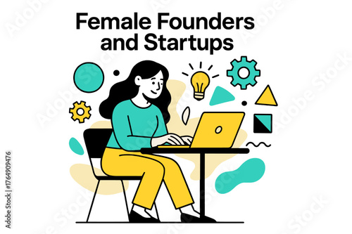Innovative Startup Spirit. Female Founders and Startups. Woman working on a laptop in a co-working space with floating abstract geometric icons, creative and