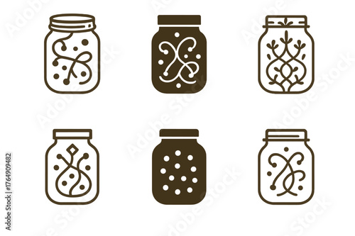 Fairy Lights Logos. Fairy lights. Set Logo of Fairy lights: Fairy lights in mason jar. harmonious logo variations of the same emblematic concept, each with