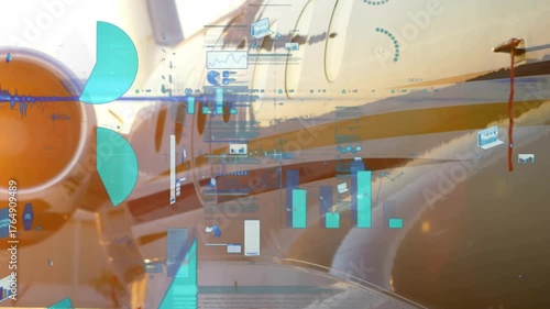 Sun glare starting data animating over jet engine intake and fuselage, charts visualizing data