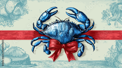 푸른 게가 빨간 리본을 매고 섬세한 배경 속에서 매력적인 모습을 드러내는 벡터 일러스트레이션입니다.