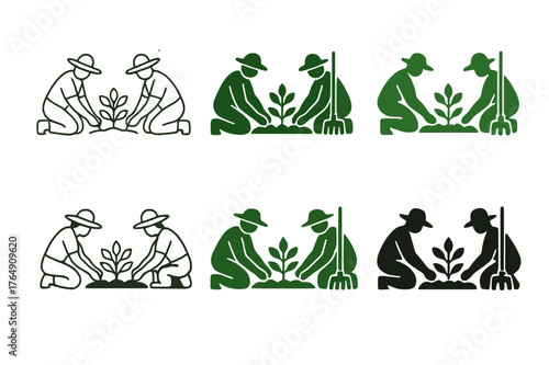 Gardeners' Logo Variations. Gardeners planting flowers and shrubs. Set Logo of Gardeners planting flowers and shrubs: rake aligning rows of flowers. Icon set.