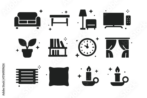 Homey Living Room Icons. Homey Living Room. Solid icons set of Homey Living Room: sofa, coffee table, floor lamp, TV, remote control, house plant, bookshelf,
