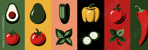 다채로운 색상과 신선한 채소의 조화가 돋보이는 벡터 일러스트레이션은 건강한 식단을 연상시키는 창의적인 작품입니다.