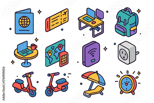 Digital Nomad Essentials. Digital nomad life. Colorful isometric vector icons set of Digital nomad life: passport, boarding pass, coworking desk, travel