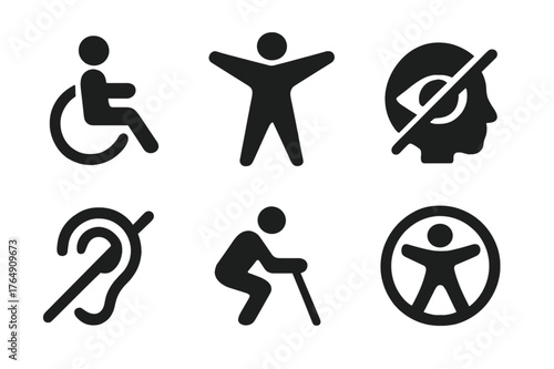 Assistive Technology Icons. Audience Accessibility. Set Logo of Assistive Technology Icon: Filled silhouette, Abstract geometric, Negative space, Symmetrical