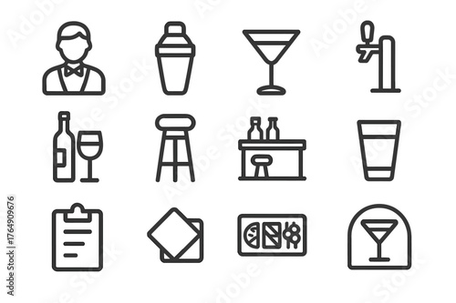 Bar Icon Set. Bar. Line icon set of Bar: bartender, shaker, cocktail glass, beer tap, wine bottle, bar stool, counter, shot glass, menu board, coasters,