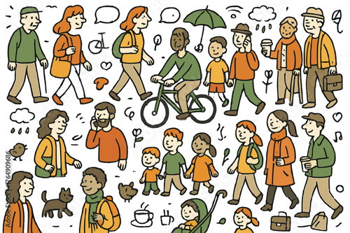 Vibrant Urban Life. Urban crowd. Hand-drawn doodle illustration people (colored), different skin tones (colored), hairstyles (colored), hats (colored),