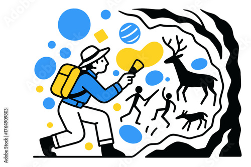 Cave Paintings Exploration. Cave. Adventurer examining cave wall paintings with floating abstract light and geometric shapes, historical and exploratory scene.