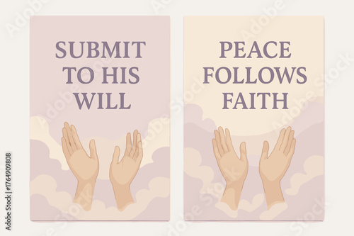 Faith and Peace Banners. Surrender. Two vertical A6 banners with safe margins, centered composition, no elements touching edges, pastel, lavender and cream,
