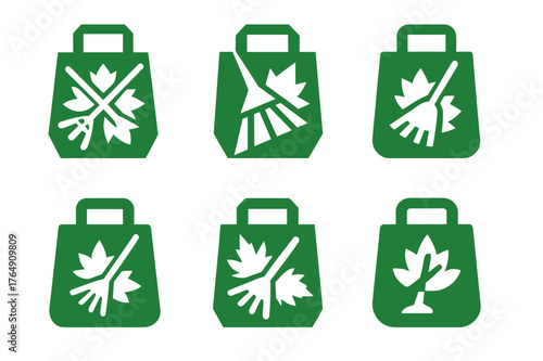 Leaf Raking Logos. Raking leaves. Set Logo of yard waste paper bag: harmonious logo variations of the same emblematic concept, each with different artistic