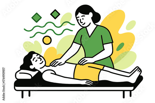 Therapeutic Fluid Flow. Lymphatic Drainage. Therapist using light massage techniques on patient with floating abstract geometric shapes representing fluid