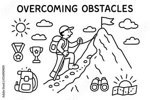 Overcoming Obstacles Illustration. Overcoming Obstacles. Hand-drawn doodle illustration Overcoming Obstacles person climbing, rocks, rope, mountain, flag,