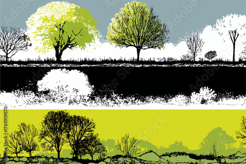 다채로운 색상과 독특한 질감으로 표현된 나무와 숲의 아름다움을 담은 벡터 일러스트레이션입니다.