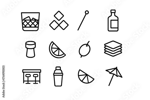 Crystal Glass Icons. Alcohol in crystal glass. Line icon set of alcohol in crystal glass: whiskey glass, ice cubes, cocktail stirrer, bottle, cork, lemon