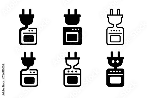 Harmonious Kitchen Logos. Replacing kitchen appliances (oven, fridge). Set Logo of kitchen power plug: harmonious logo variations of the same emblematic