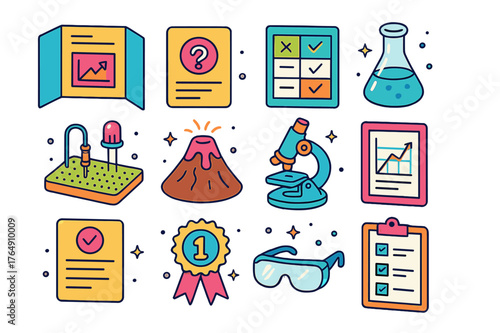 Science Fair Icons. Science fair projects. Colorful isometric vector icons set of Science fair projects: tri-fold board, hypothesis card, variables table,