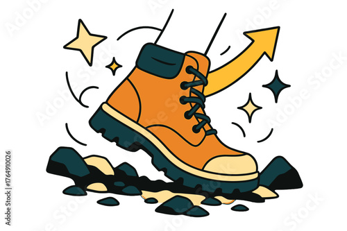 Adventure Awaits. Boot. Hiking boots on rocky trail with abstract floating arrows, stars, and sparkles; conveys adventure, durability, and outdoor exploration.
