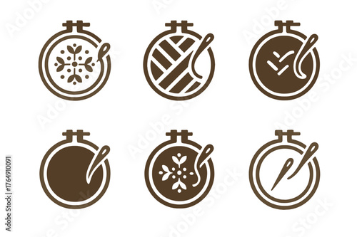 Embroidered Logo Variations. handicraft markets. Set Logo of embroidery hoop: harmonious logo variations of the same emblematic concept, each with different