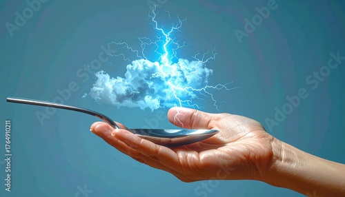 A silver spoon holding a miniature lightning storm captured in a swirling vortex, against a flat matte background