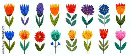 다양한 색상의 아름다운 플랫 스타일 꽃 벡터 일러스트레이션은 봄의 생동감을 표현하며 신선하고 화사한 분위기를 연출합니다.