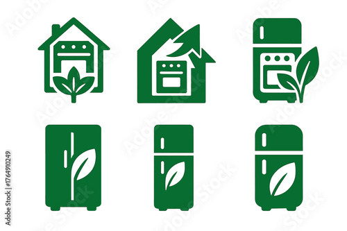 Kitchen Logo Variations. Replacing kitchen appliances (oven, fridge). Set Logo of kitchen energy efficiency label: harmonious logo variations of the same