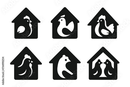 Geometric Henhouse Icons. Chickens in Coop. Set Logo of Henhouse Icon: Abstract geometric, Filled silhouette, Negative space, Flat solid, Symmetrical form,