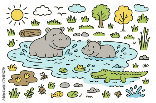 Colorful Hippo Habitat. Swimming hippos. Hand-drawn doodle illustration hippopotamus (colored), baby hippo (colored), water pond (colored), riverbank