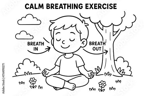Breathing Exercise Coloring Page. Calm breathing exercise children?s coloring book illustration, outlined drawing, arrows showing slow breath in and out around