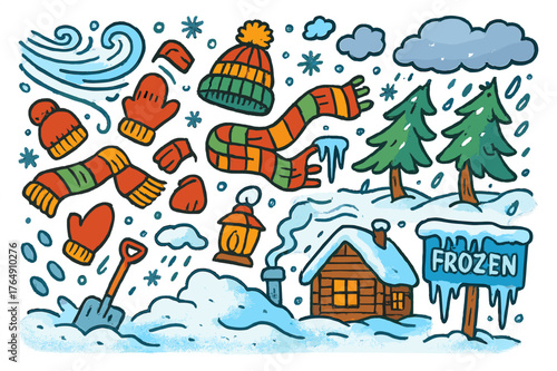 Winter Wonderland Doodles. Snowstorm. Colorful Hand-drawn doodle Children illustration Snowstorm swirling snow, blowing wind, hat, scarf, mittens, trees