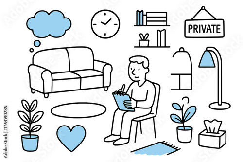 Therapy Session Doodles. // Therapist session. Hand-drawn doodle illustration Therapist session [sofa (accented), therapist notebook (accented), clock,