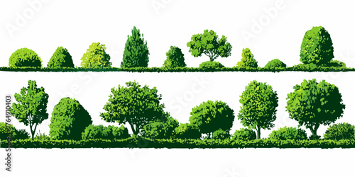 다양한 녹색 나무와 관목이 흰색 배경에 벡터 스타일로 그려진 그림으로 자연의 아름다움을 표현합니다.