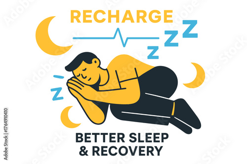 Recharge & Relaxation. Better Sleep & Recovery. A calm figure rests as floating moon icons and gentle Z-shapes overlap. ?Recharge? glows softly above a