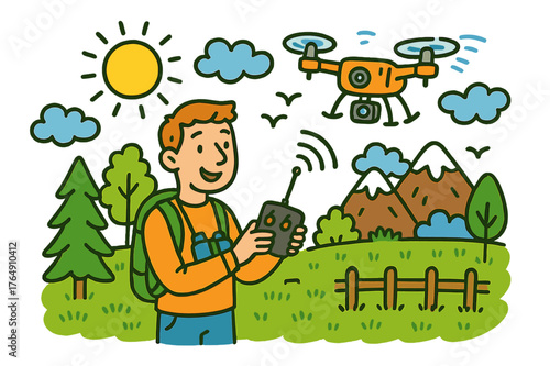 Man Piloting Drone. man piloting drone. Colorful Hand-drawn doodle Children illustration man piloting drone man, drone, controller, remote, sky, clouds, sun,