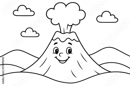 Friendly Volcano Coloring. Volcano children?s coloring book illustration, outlined drawing, a friendly volcano with a smiling face and a gentle puff of ash