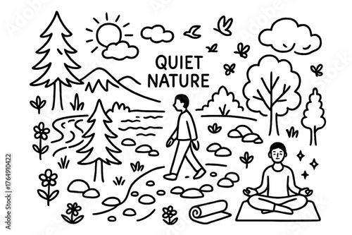 Serene Forest Journey. Quiet Nature. Hand-drawn doodle illustration Quiet Nature forest path, person walking slowly, trees, rocks, flowers, river, sun, clouds,