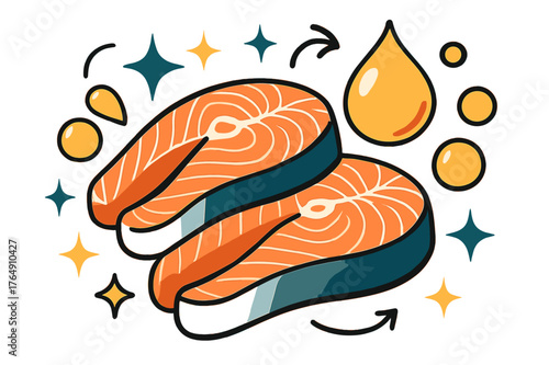 Dynamic Salmon Delight. Oily fish. Salmon fillets with abstract floating oil droplets and sparkles to emphasize freshness, flavor, and omega- richness. Modern