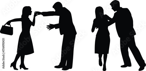 Silhouette illustration of conflict, man restraining woman, personal boundaries, harassment awareness, gender violence concept, social issue, relationship struggle, black background