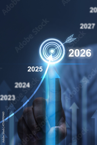 2025 to 2026 business financial plan market concept, performance of profit growth on 2026, education trend up finance on growth graph money revenue, Businessman analyzes profitability of working