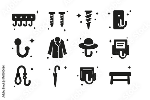 Entryway Wall Hooks Icons. Entryway wall hooks. Solid icons set of Entryway wall hooks: hook rack, mounting screws, drywall anchor, wooden backplate, metal