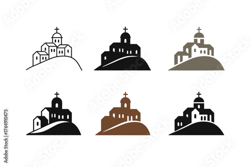 Monastery Logo Variations. The history and significance of Christian monasteries. Set Logo of The history and significance of Christian monasteries: a hilltop