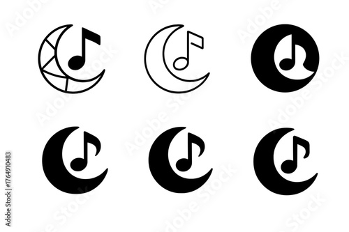 Lullaby Logo Variations. Bedtime ritual. Set Logo of Bedtime ritual: lullaby moon and note. harmonious logo variations of the same emblematic concept, each