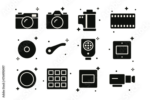 35mm Film Icons. 35mm Film Era. Solid icons set of 35mm Film Era: rangefinder camera, SLR camera, film cassette, sprocket holes, rewind crank, advance lever,