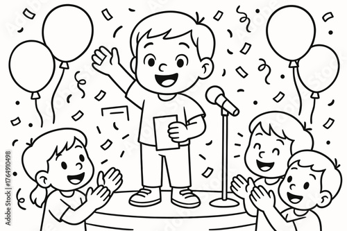 Children's Speech Celebration. Celebrating a great speech children?s coloring book illustration, outlined drawing, a child receiving applause and a small