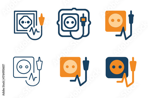 Outlet Service Logos. Electricians working with wiring and systems. Set Logo of outlet service: wall socket with tester. Icon set. harmonious logo variations