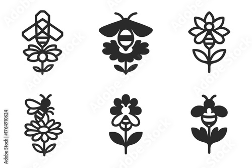 Bee Protection Emblem. Pollinator protection. Set Logo of Pollinator protection: bee over wildflower. harmonious logo variations of the same emblematic