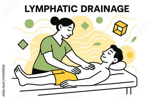 Lymphatic Massage Serenity. Lymphatic Drainage. Patient relaxing under soft light while receiving lymphatic massage, floating abstract geometric shapes and