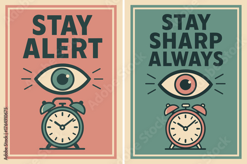 Retro Alert Banners. Stay alert. Two vertical A6 banners with safe margins, centered composition, no elements touching edges, retro, pink and teal, objects