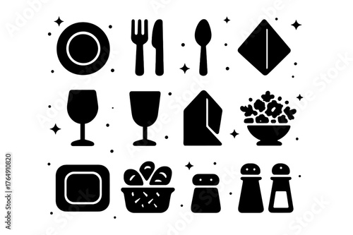 Dining Decor Icons. Dining Table Decor. Solid icons set of Dining Table Decor: plate, fork, knife, spoon, wine glass, water glass, napkin, centerpiece,