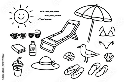 Sunbathing Essentials Doodle. Sunbathing. Hand-drawn doodle illustration sunbathing lounge chair, towel, umbrella, sunglasses, sunscreen, bikini, sandals,